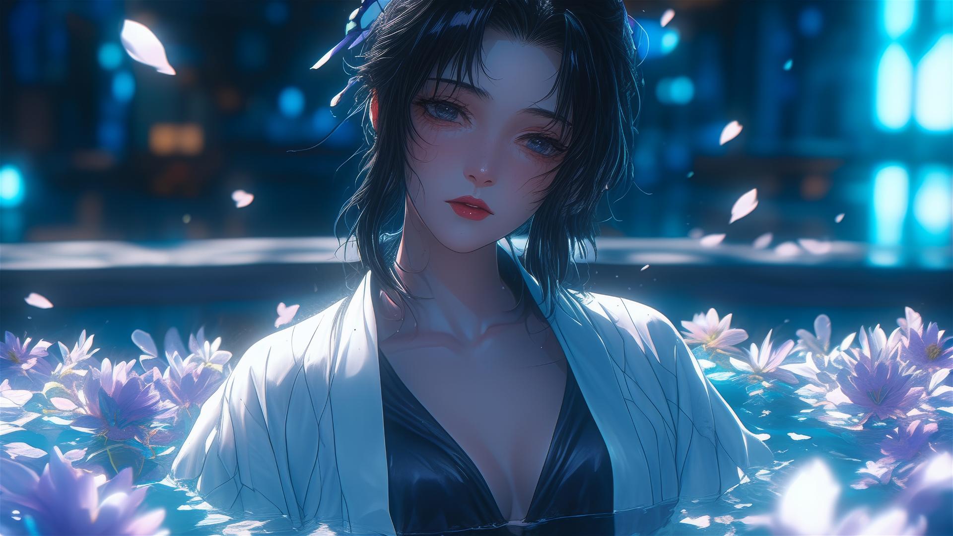 Shinobu Kocho in a tub full of flowers, wearing a white shirt, in a Chinese spa.