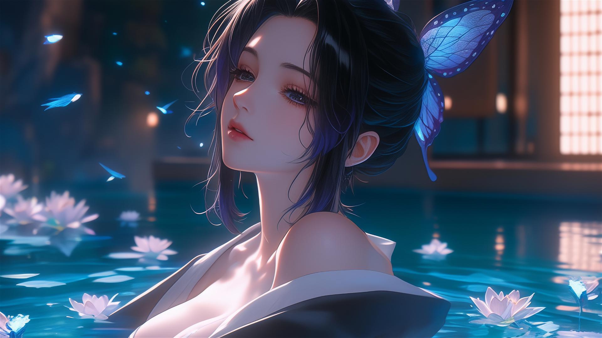 Shinobu Kocho from Demon Slayer in a flower-filled tub at a Chinese spa