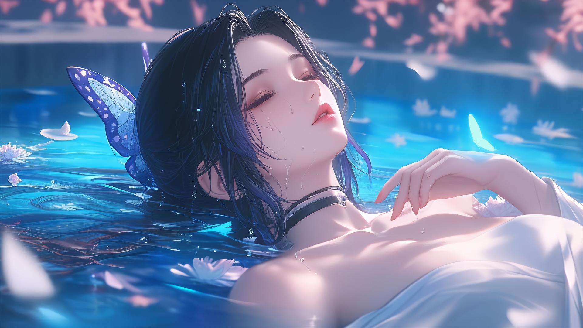 Shinobu Kocho from Demon Slayer in a flower-filled tub at a Chinese spa