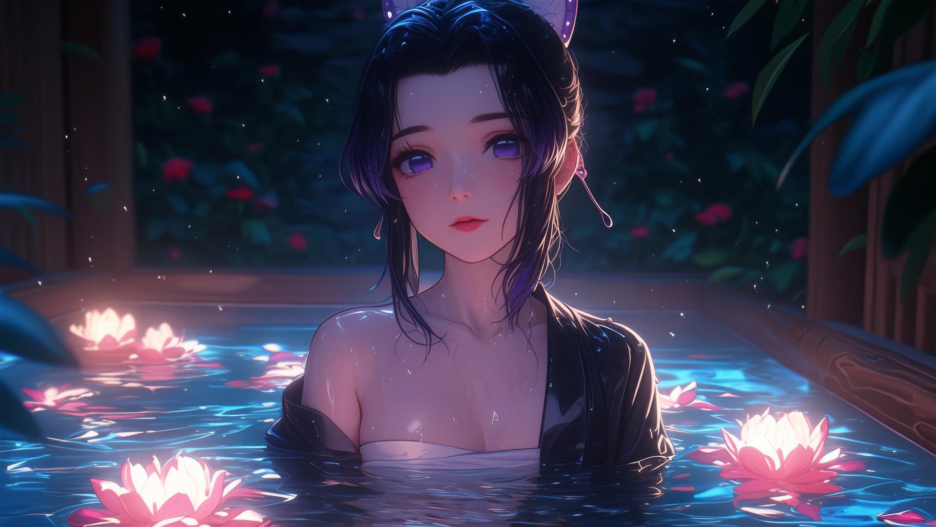 Shinobu Kocho in a tub full of flowers in a Chinese spa