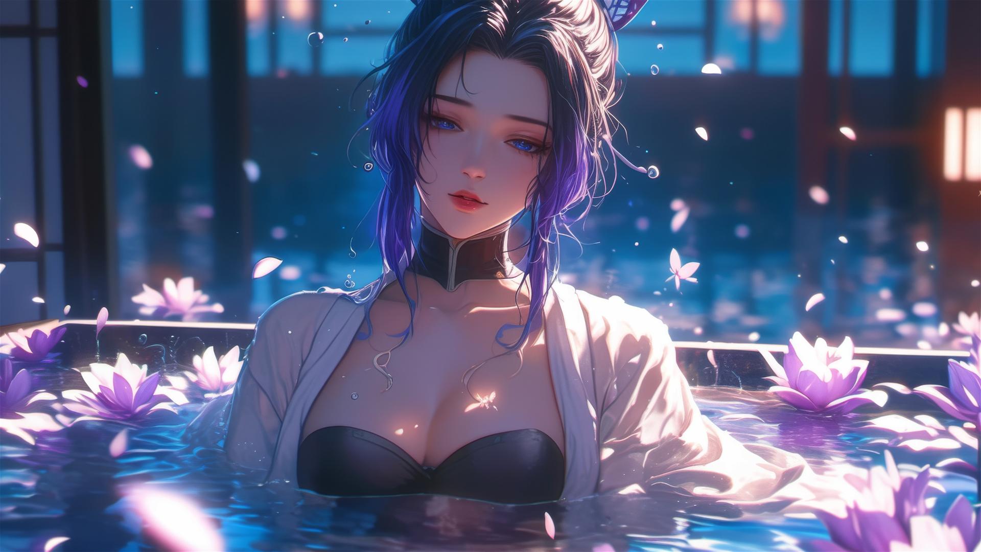 Shinobu Kocho in a tub of flowers at a Chinese spa