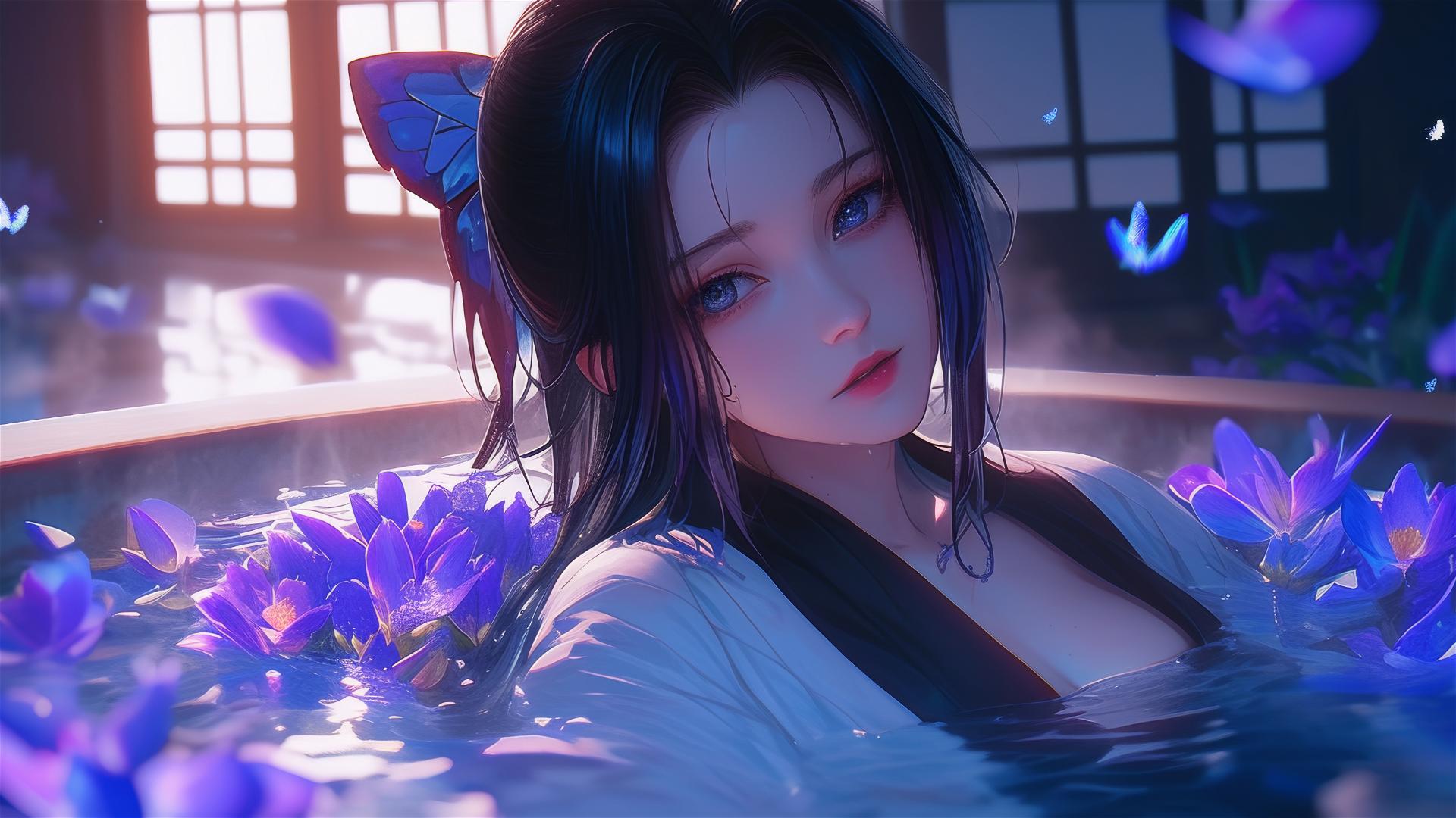 Shinobu Kocho from Demon Slayer in a flower-filled tub at a Chinese spa