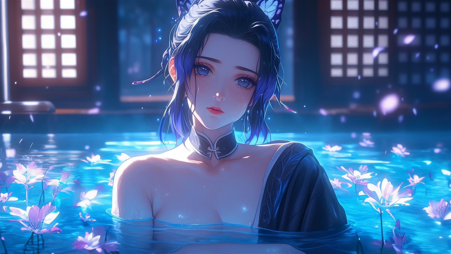Shinobu Kocho from Demon Slayer in a flower-filled tub at a Chinese spa