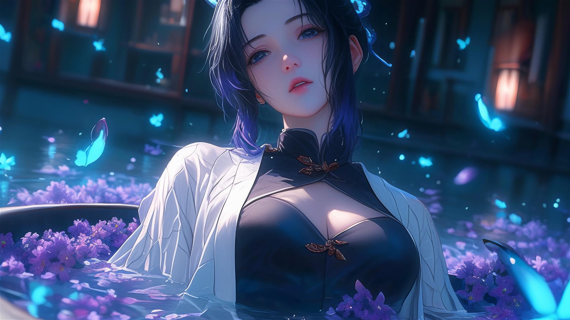 Shinobu Kocho in a tub full of flowers in a Chinese spa.