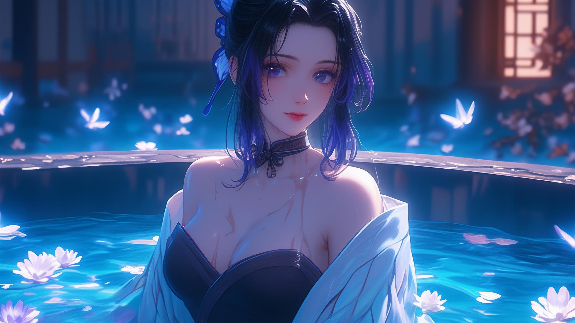 Shinobu Kocho from Demon Slayer in a flower-filled tub at a Chinese spa.