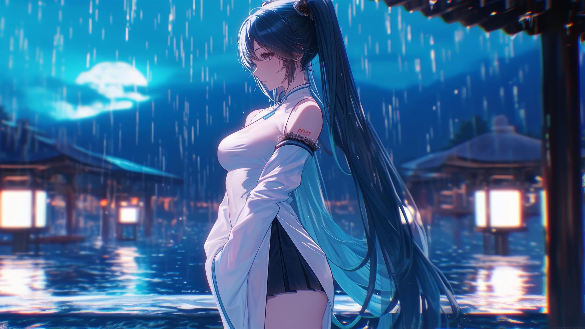 Hatsune Miku on a rainy stage under moonlight