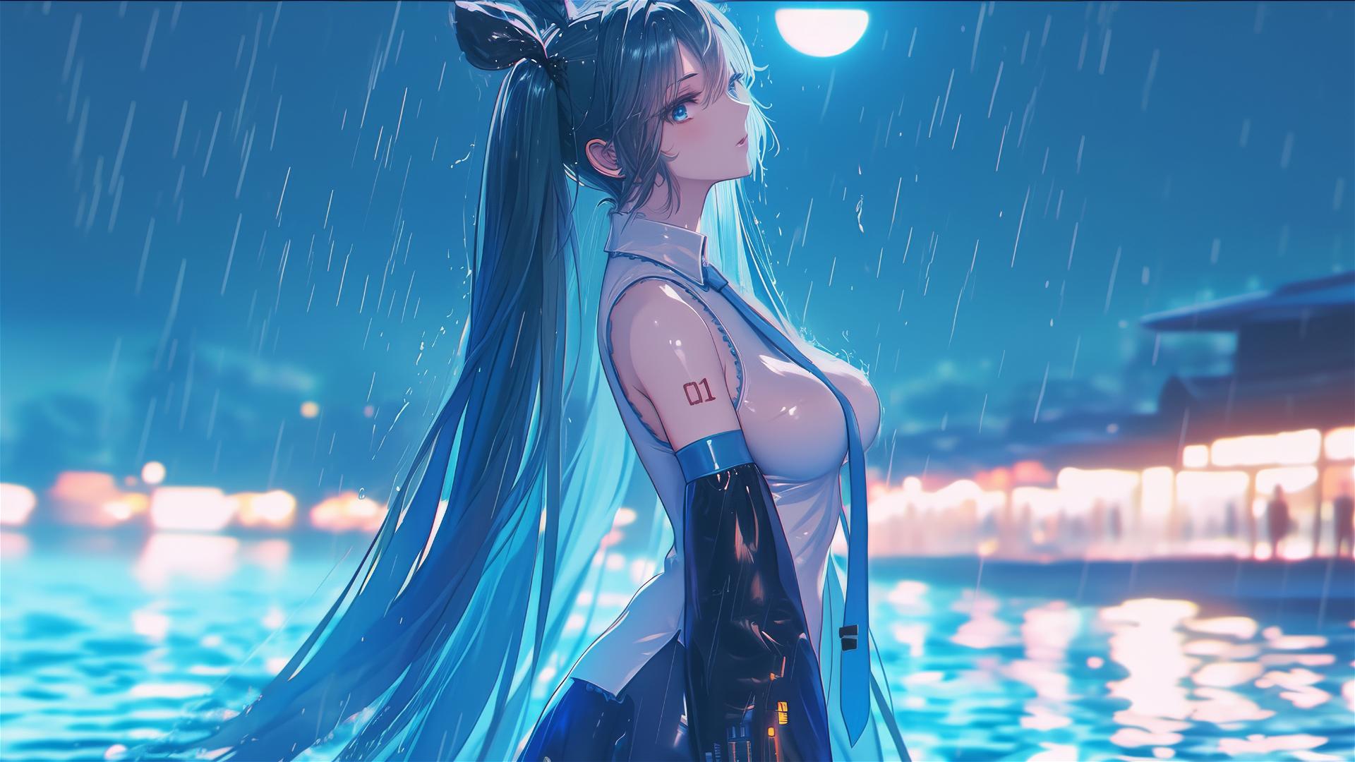 Hatsune Miku from Vocaloid on a rainy stage with moonlight glow