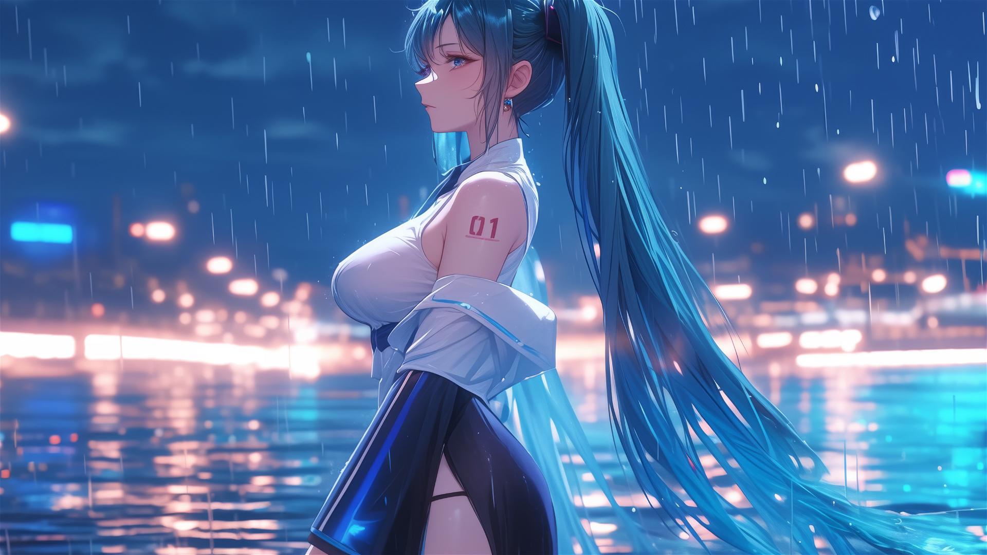 Hatsune Miku from Vocaloid standing lonely on rainy stage with moonlight