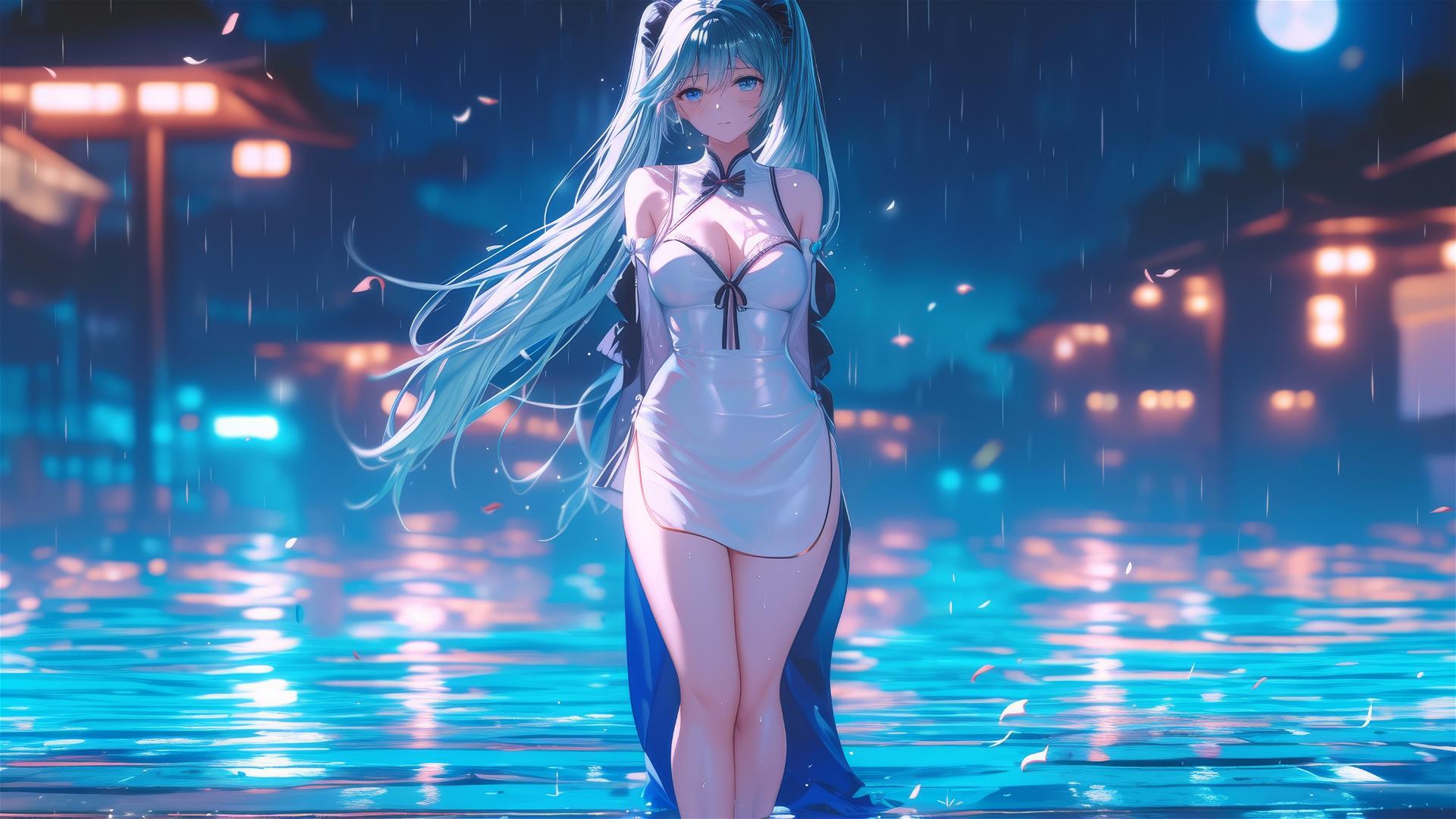 Hatsune Miku standing alone on a rainy stage under moonlight
