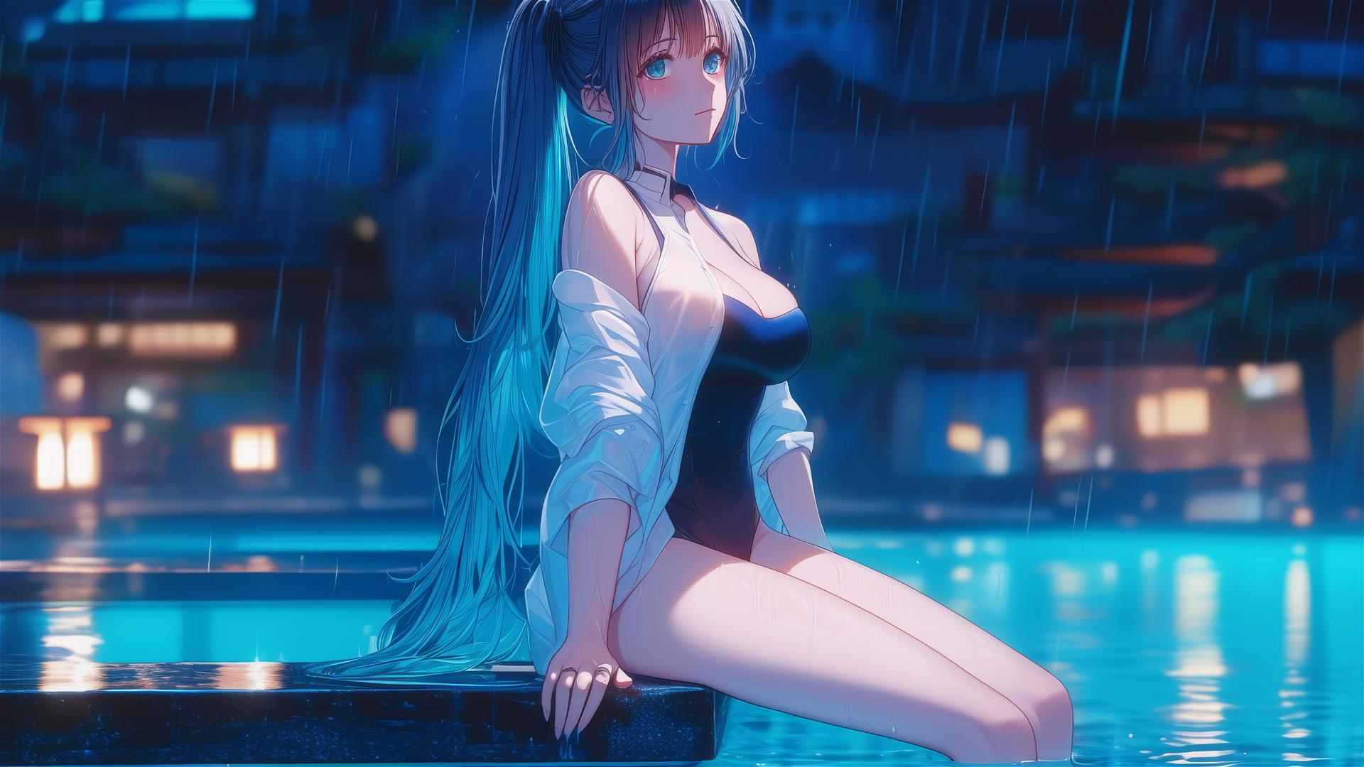 Hatsune Miku resting by a rainy swimming pool under moonlight