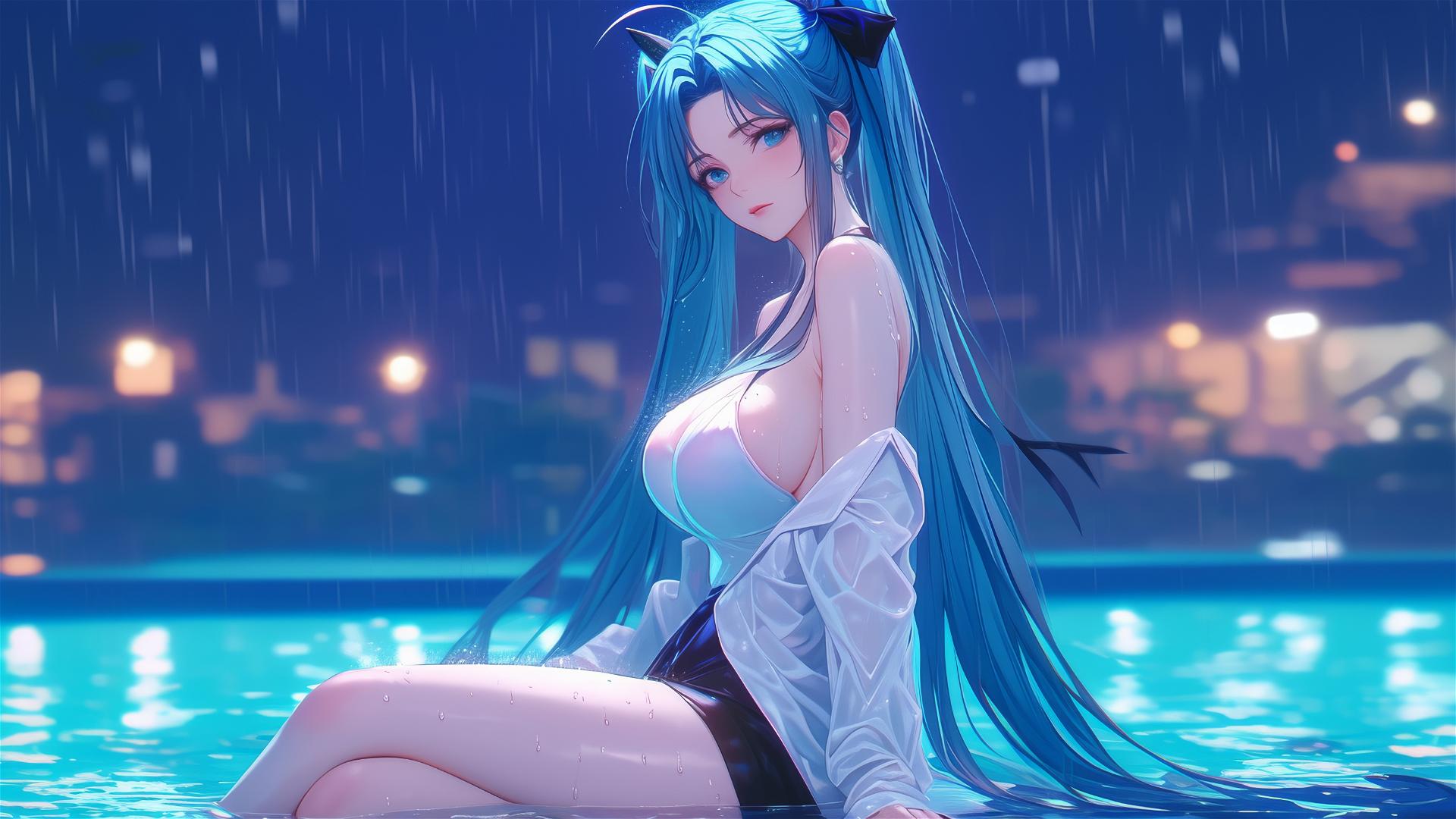 Hatsune Miku at a rainy pool illuminated by moonlight