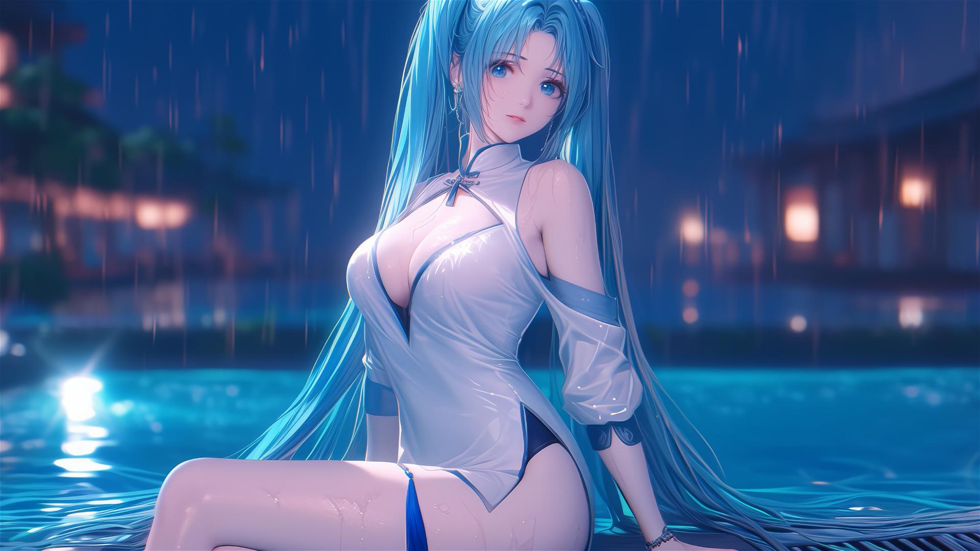 Hatsune Miku resting at a rainy swimming pool with moonlight glow.