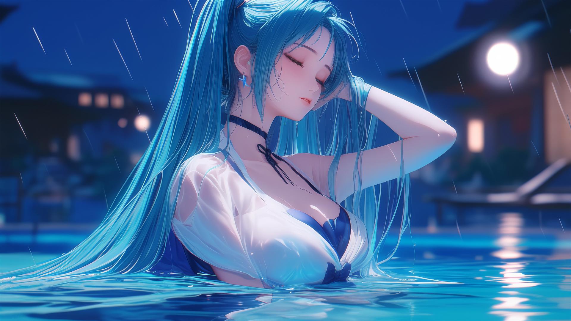 Hatsune Miku resting at a rainy swimming pool under moonlight