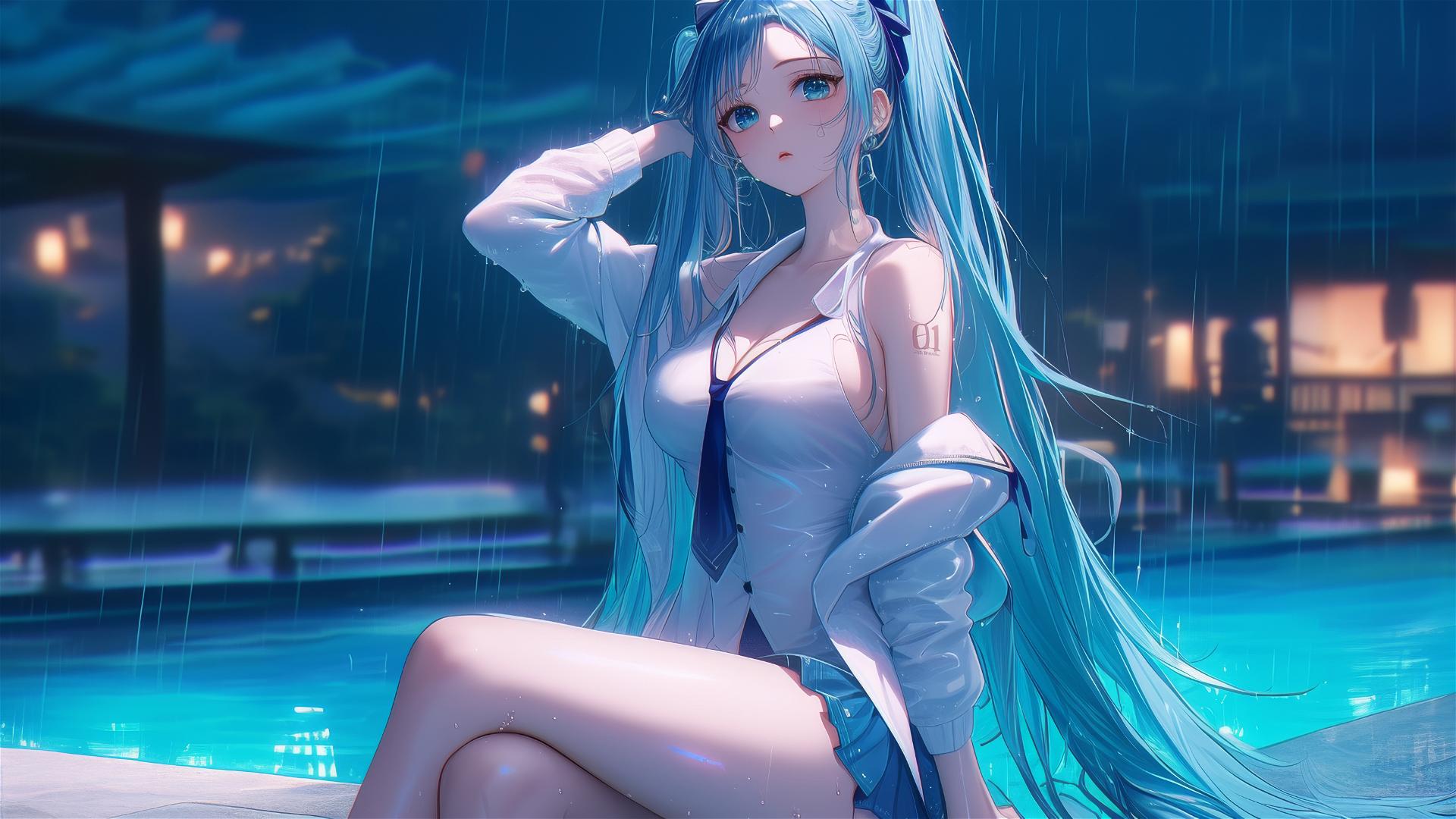 Hatsune Miku resting at a rainy swimming pool under moonlight