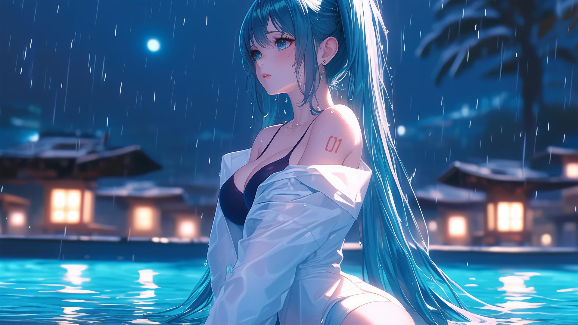 Hatsune Miku resting at a rainy swimming pool with moonlight glow