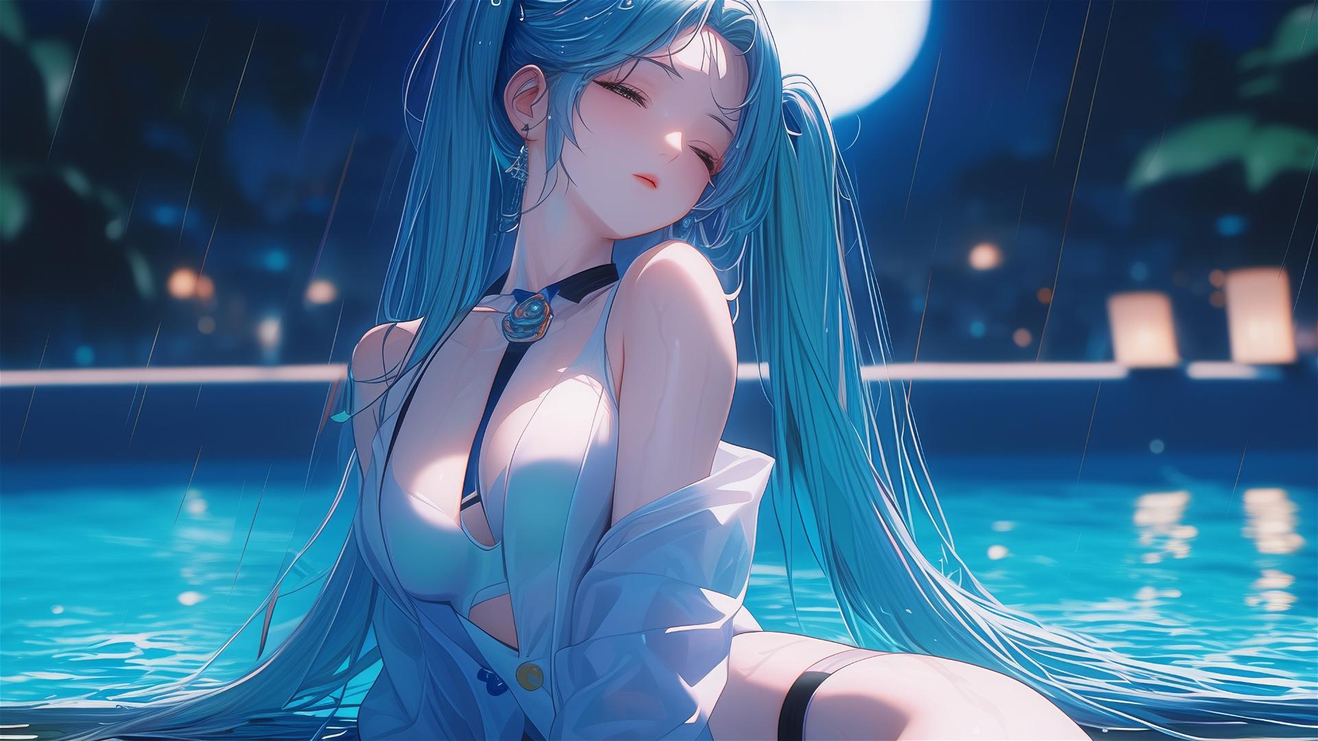 Hatsune Miku resting at a rainy swimming pool under moonlight