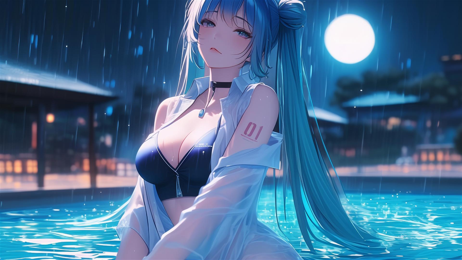 Hatsune Miku resting at a rainy swimming pool, moonlight glowing