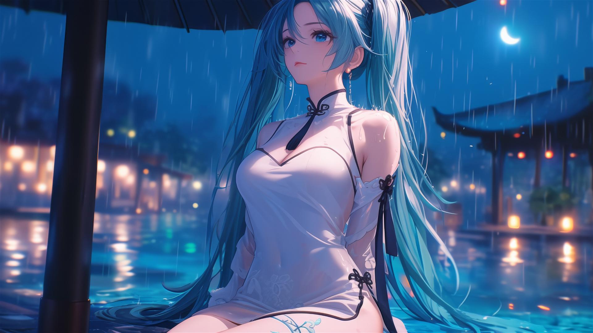 Hatsune Miku resting by a rainy swimming pool with moonlight glow