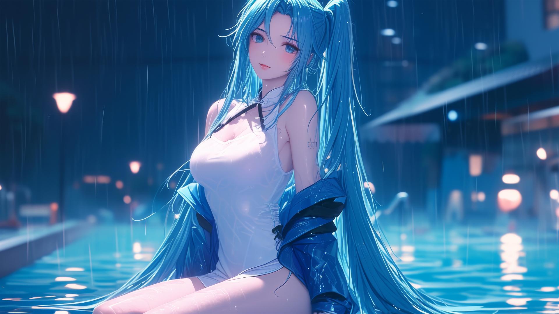 Hatsune Miku resting at a rainy swimming pool under moonlight