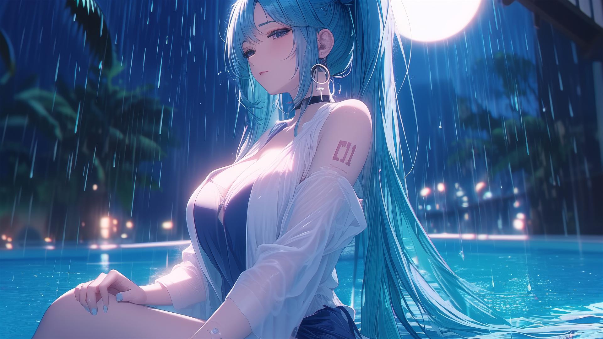 Hatsune Miku resting at a rainy swimming pool under moonlight