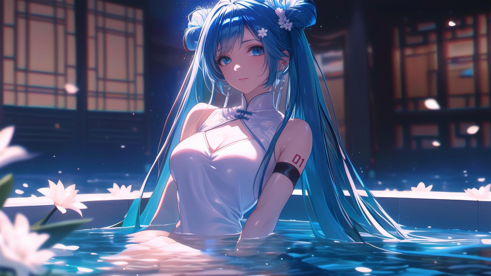 Hatsune Miku from Vocaloid in a flower-filled tub at a Chinese spa