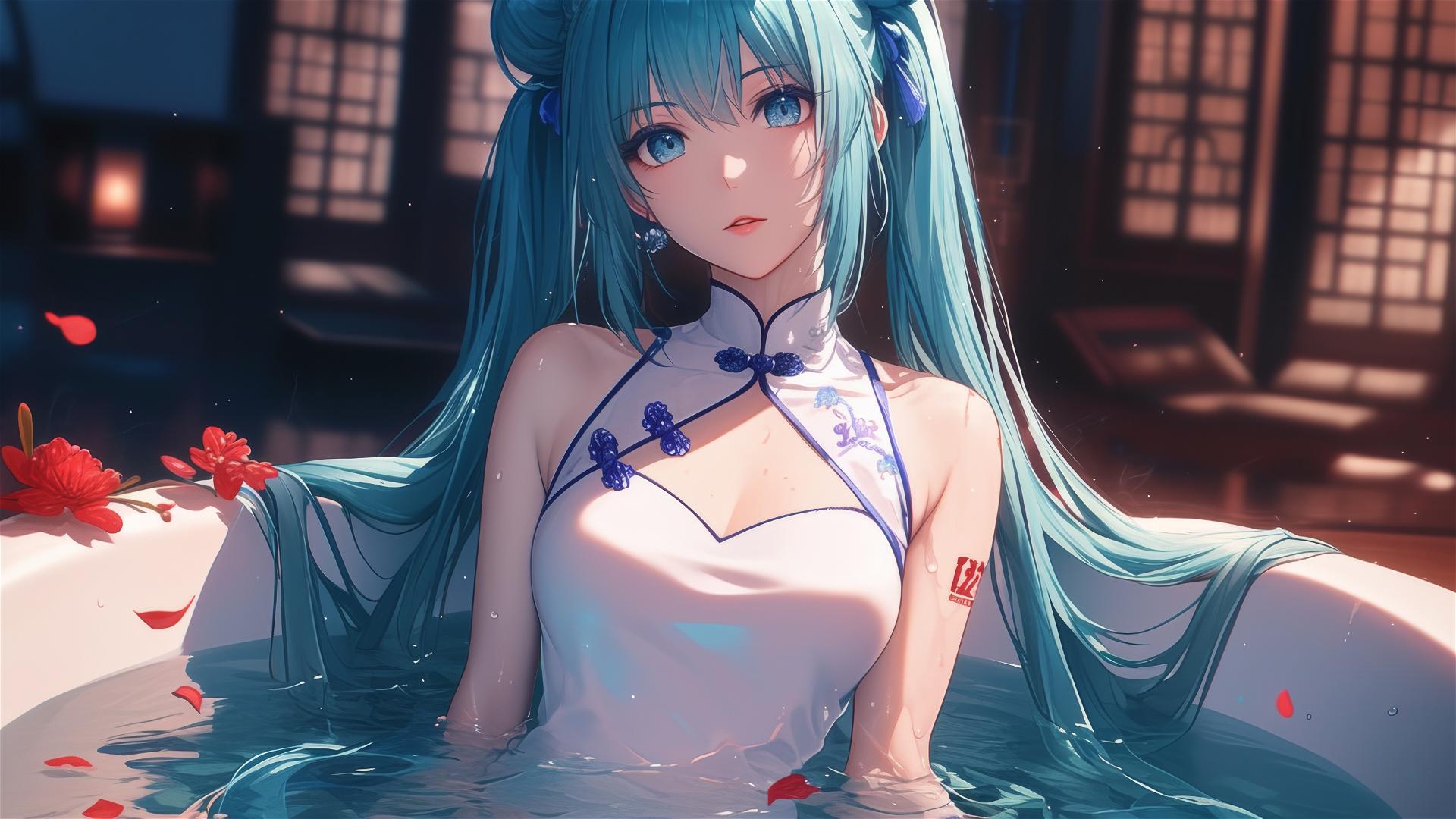 Hatsune Miku in a flower-filled tub at a Chinese spa