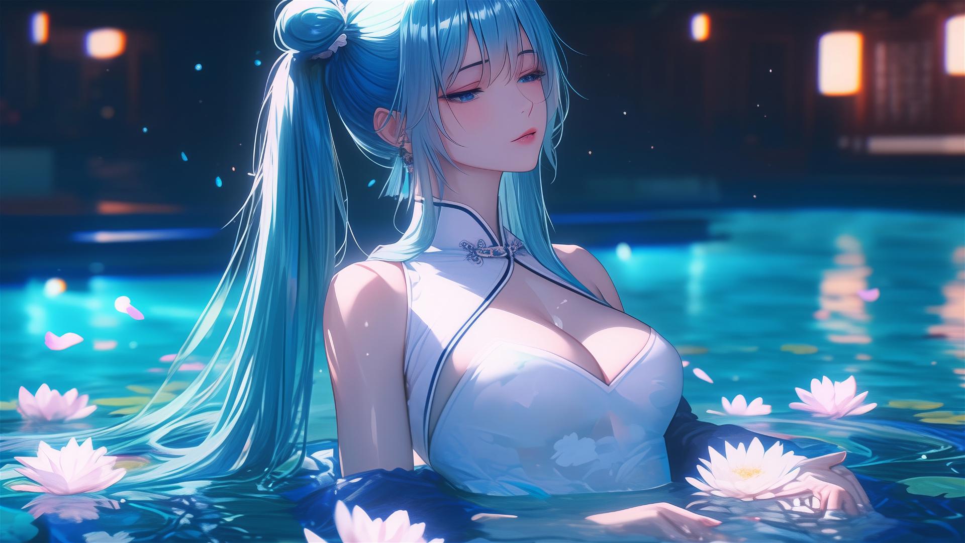 Hatsune Miku in a tub filled with flowers in a Chinese spa