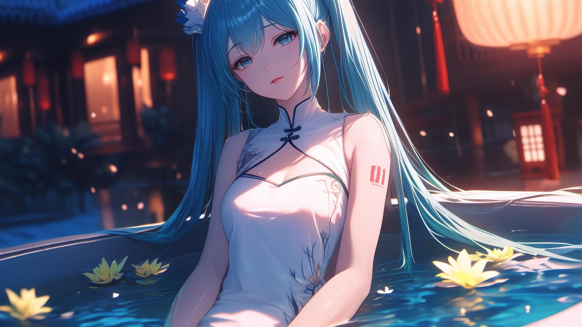 Hatsune Miku in a tub full of flowers in a Chinese spa.