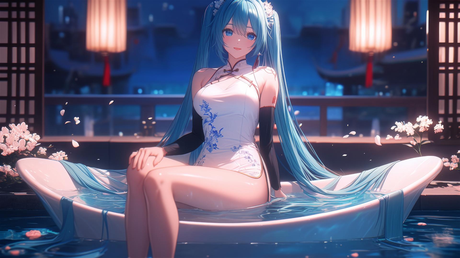 Hatsune Miku in a tub full of flowers at a Chinese spa.