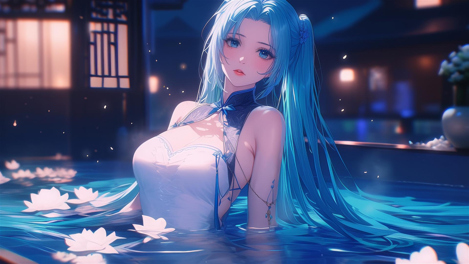 Hatsune Miku in a tub of flowers in a Chinese spa