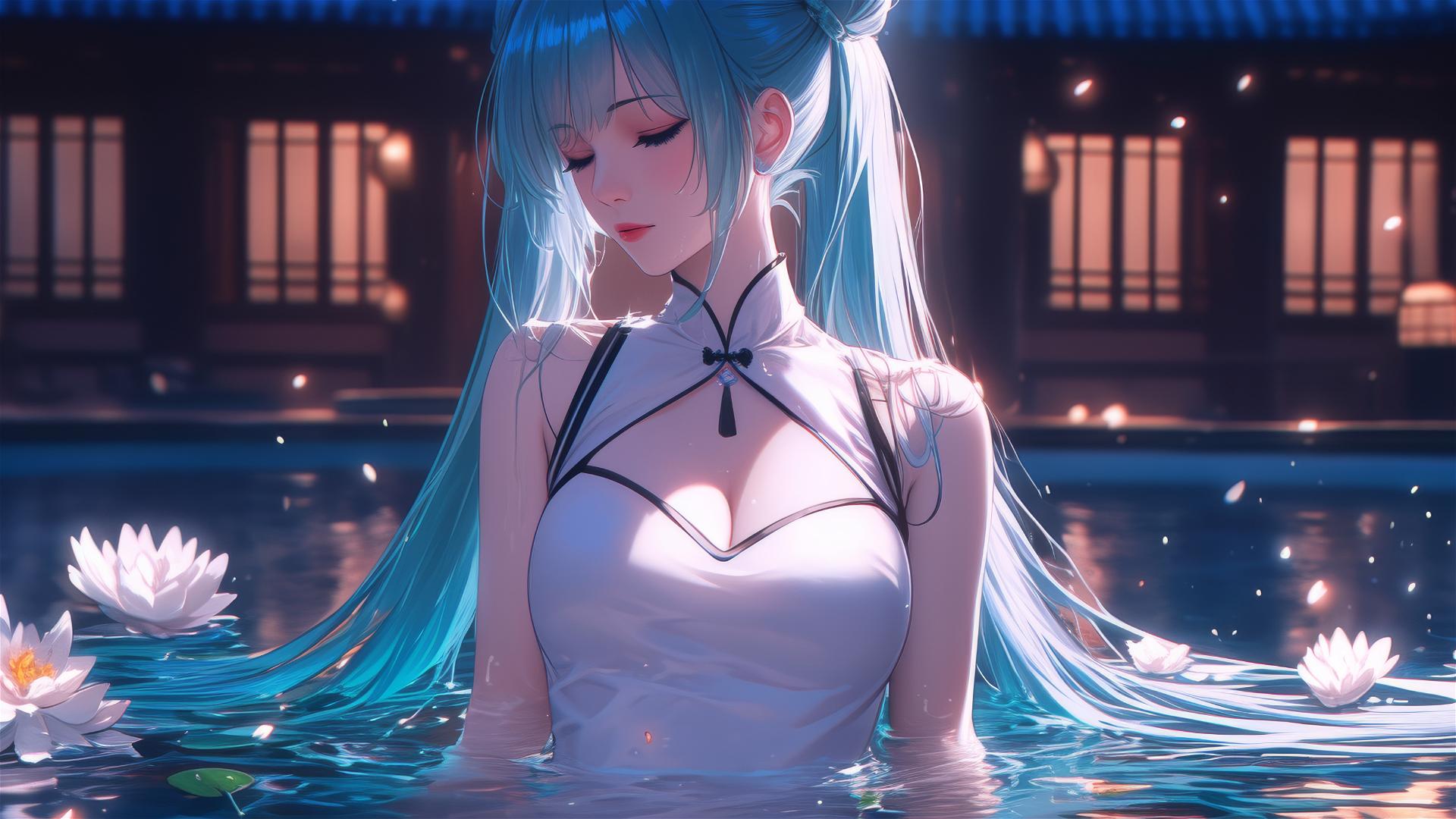 Hatsune Miku in flower-filled tub at Chinese spa