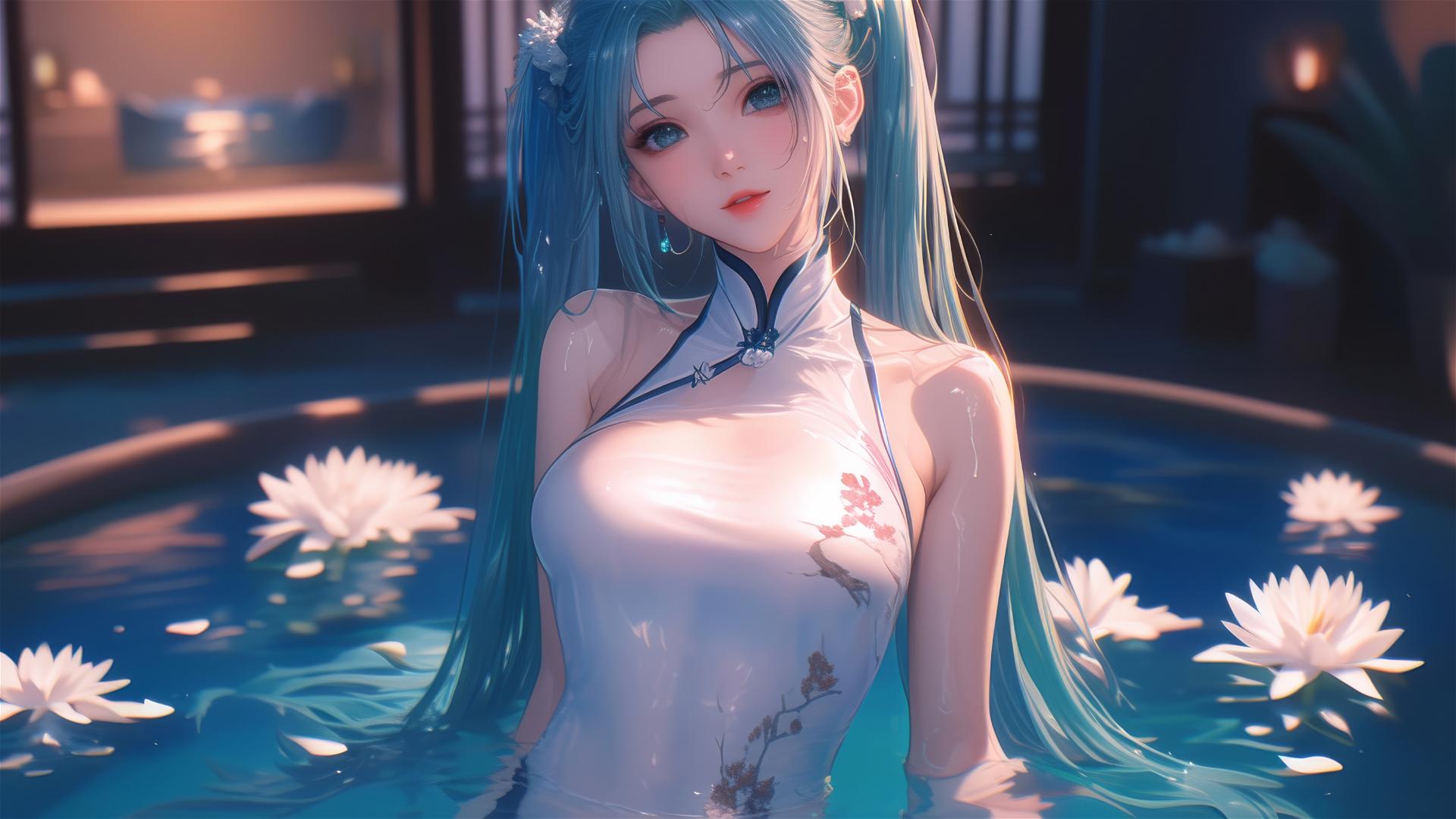 Hatsune Miku from Vocaloid in a flower-filled tub at a Chinese spa