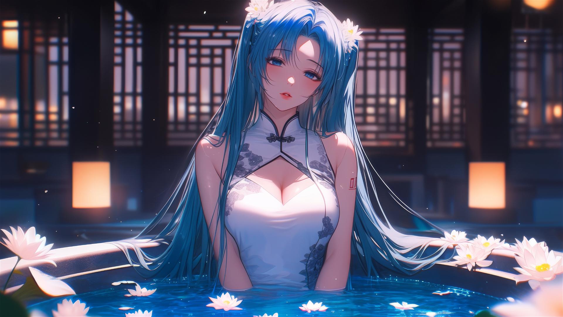 Hatsune Miku in a flower-filled tub at a Chinese spa