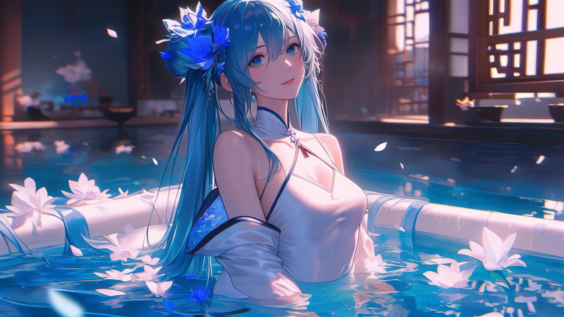 Hatsune Miku in a tub full of flowers, Chinese spa.