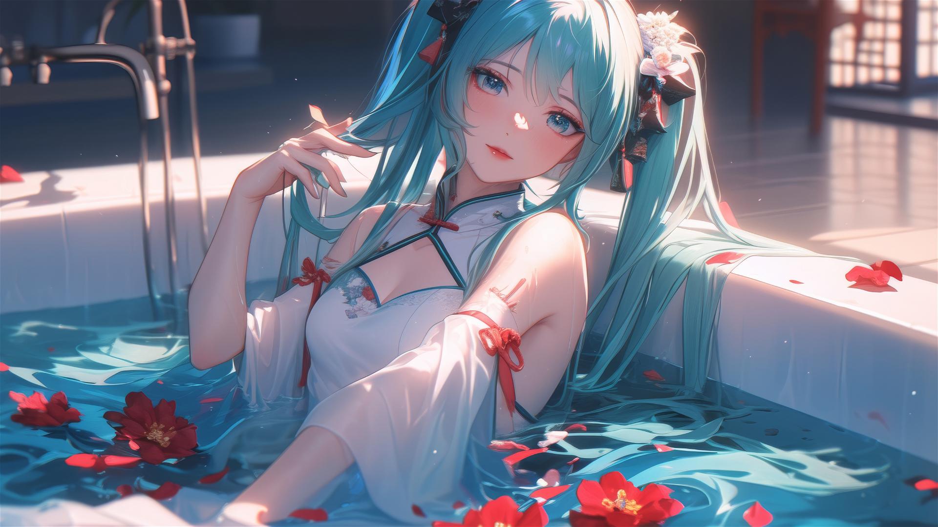 Hatsune Miku in a flower-filled tub at a Chinese spa.