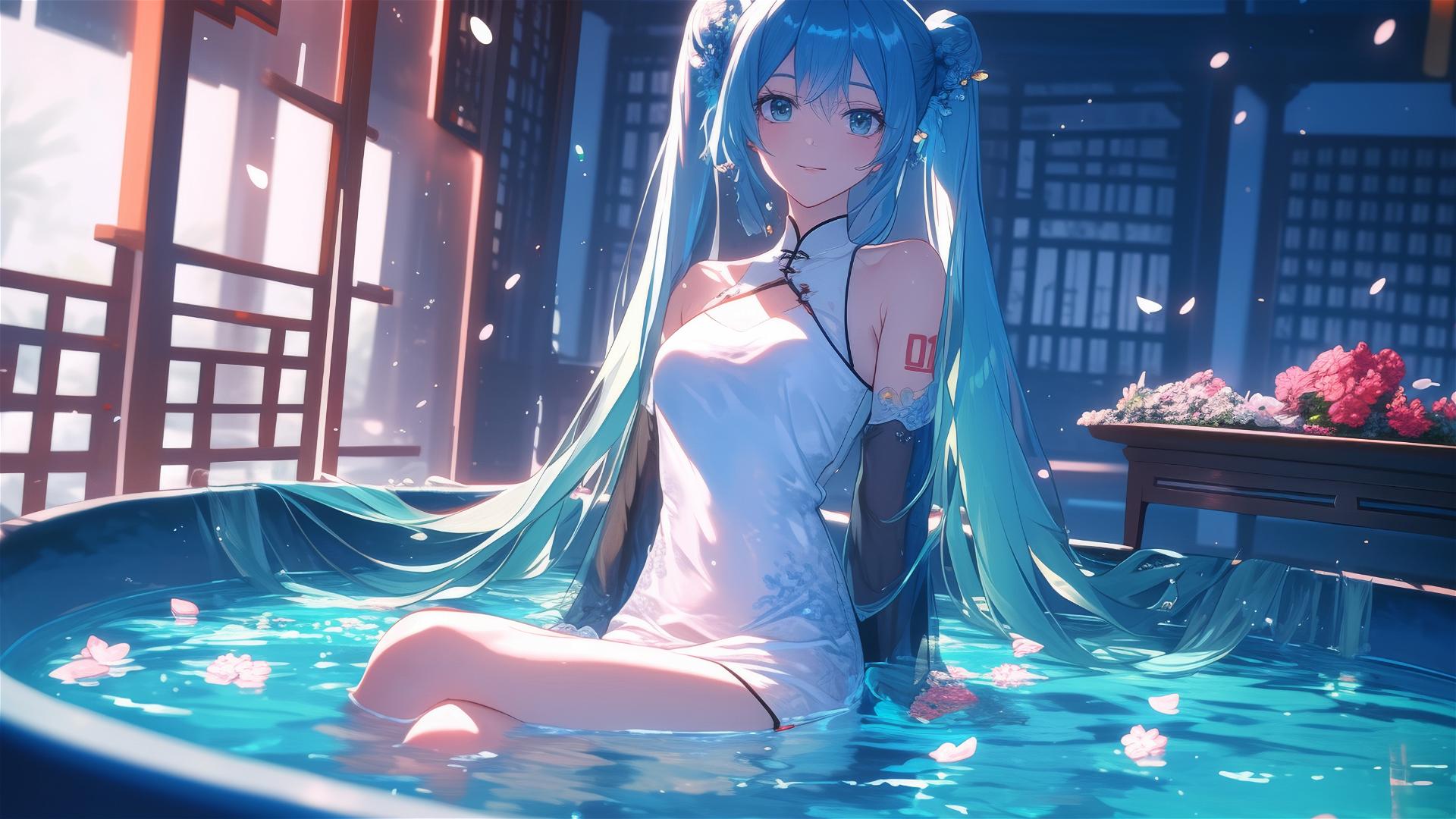 Hatsune Miku in a tub of flowers at a Chinese spa