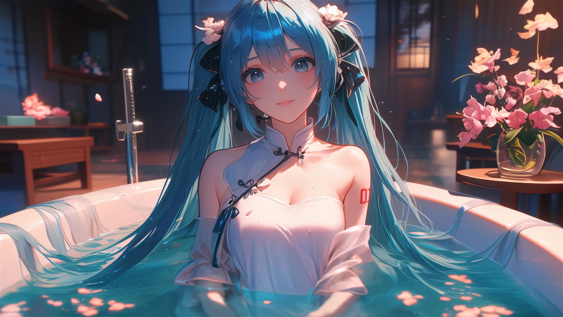 Hatsune Miku in a tub full of flowers at a Chinese spa