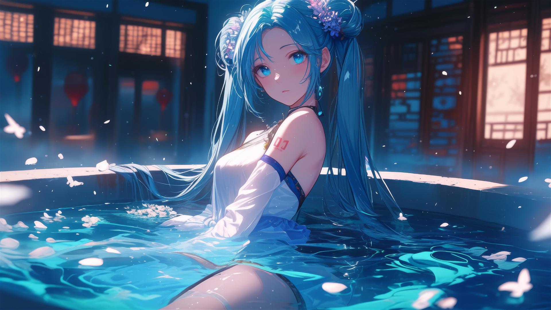 Hatsune Miku in a tub of flowers at a Chinese spa