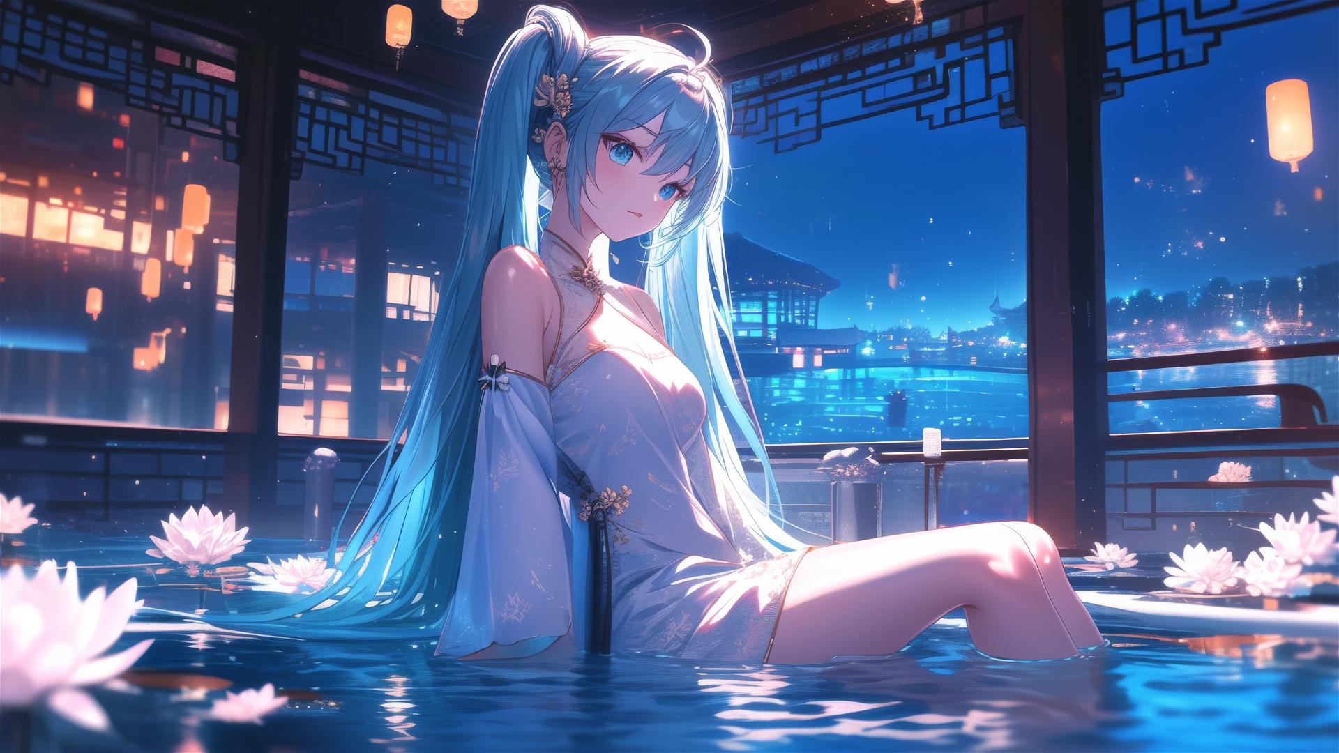 Hatsune Miku in a flower-filled tub at a Chinese spa