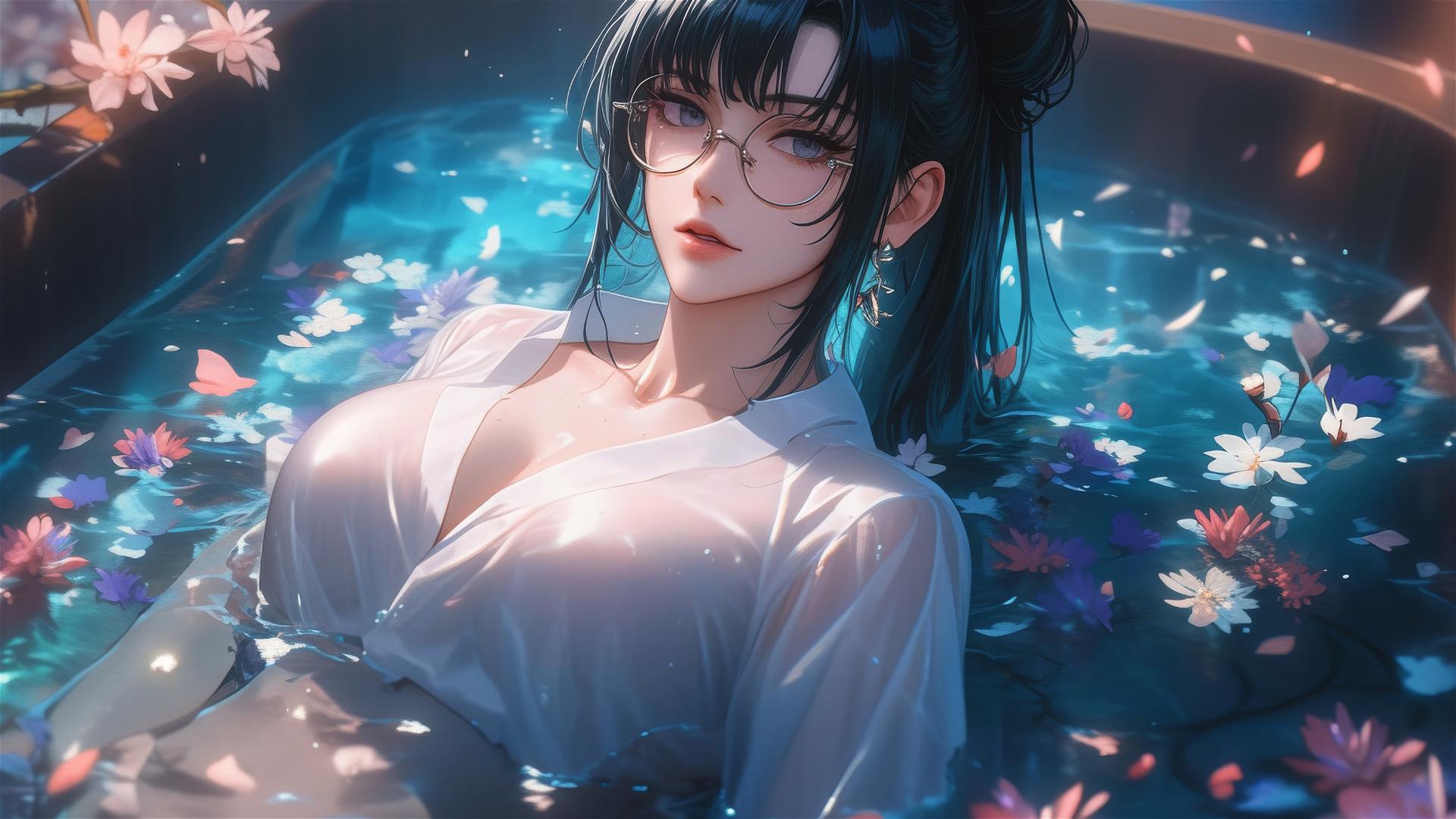 Maki Zenin from Jujutsu Kaisen in a tub of flowers wearing a white shirt and glasses