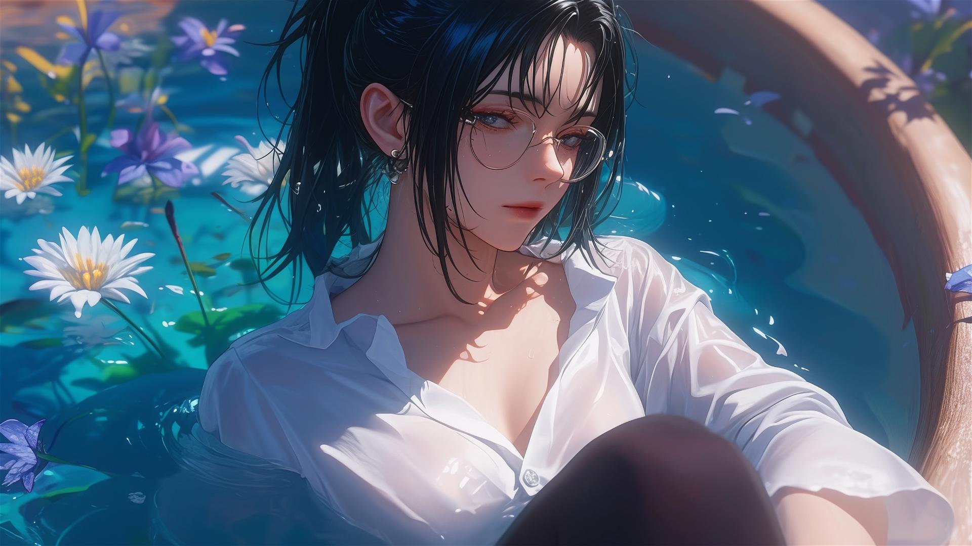Maki Zenin from Jujutsu Kaisen in a white shirt, in a tub full of flowers, wearing eyeglasses.
