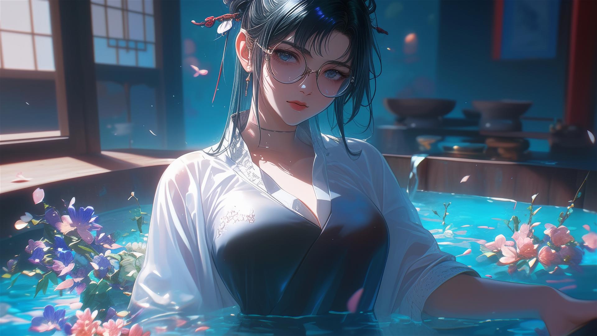 Maki Zenin from Jujutsu Kaisen in white shirt inside a tub of flowers wearing glasses.