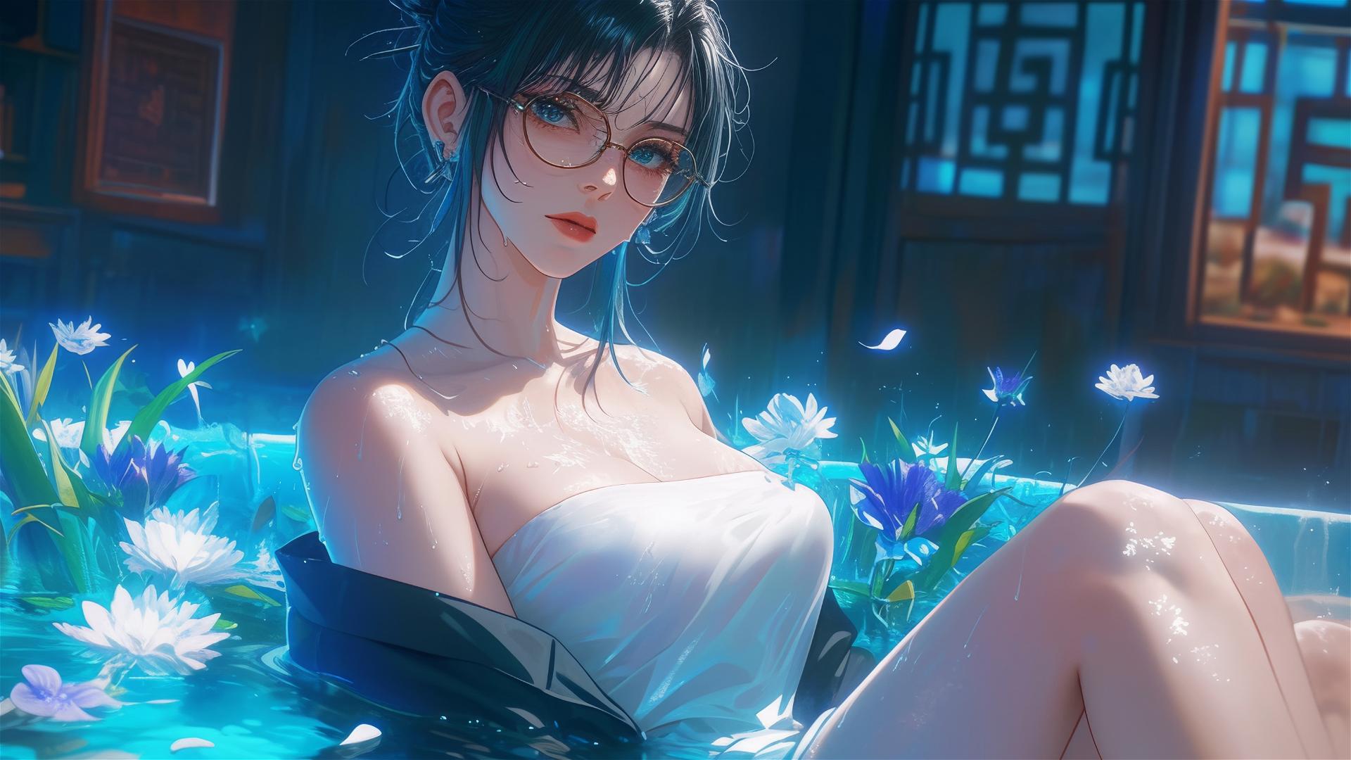 Maki Zenin in white attire in a tub of flowers at a Chinese spa, wearing glasses