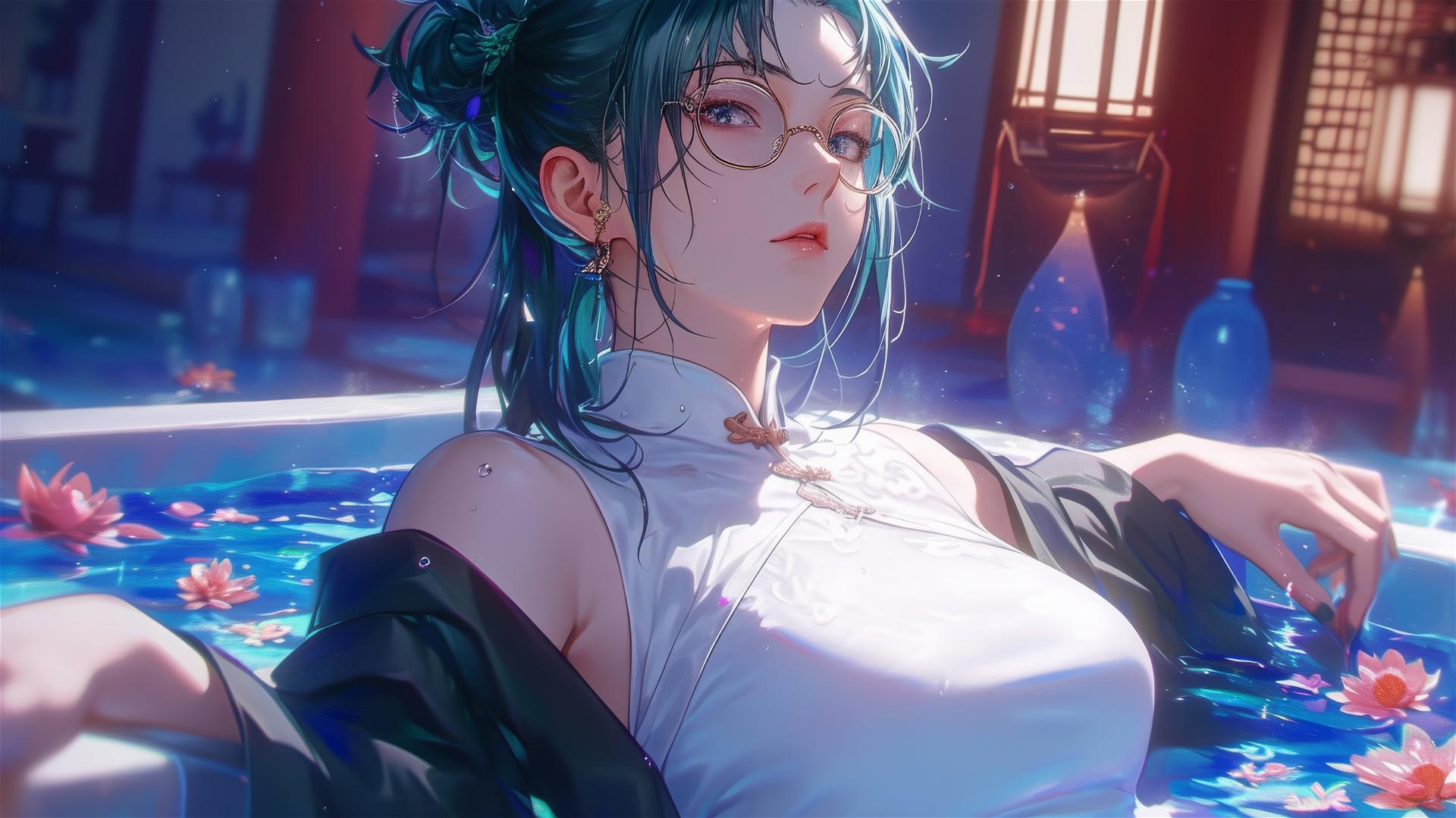 Maki Zenin in white outfit, inside flower-filled tub at Chinese spa, wearing glasses