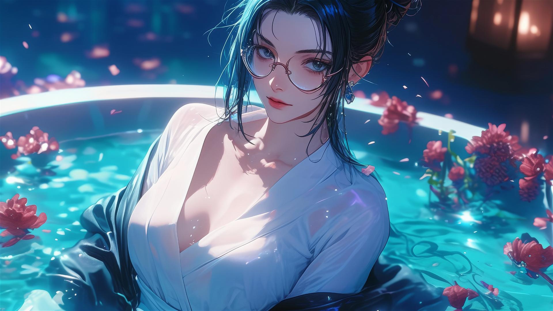Maki Zenin in white attire, in a flower-filled tub at a Chinese spa, wearing glasses.