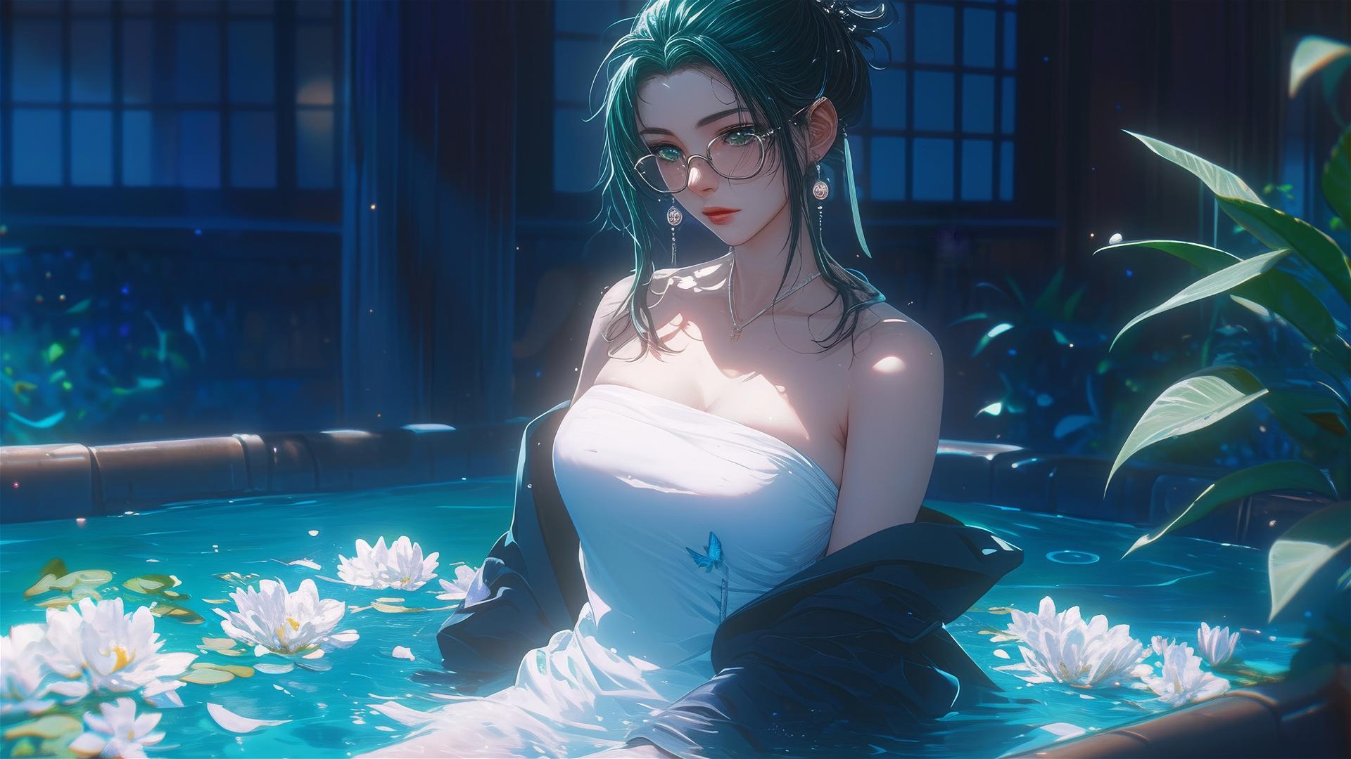 Maki Zenin dressed in pure white, inside a tub full of flowers, Chinese spa, wearing glasses