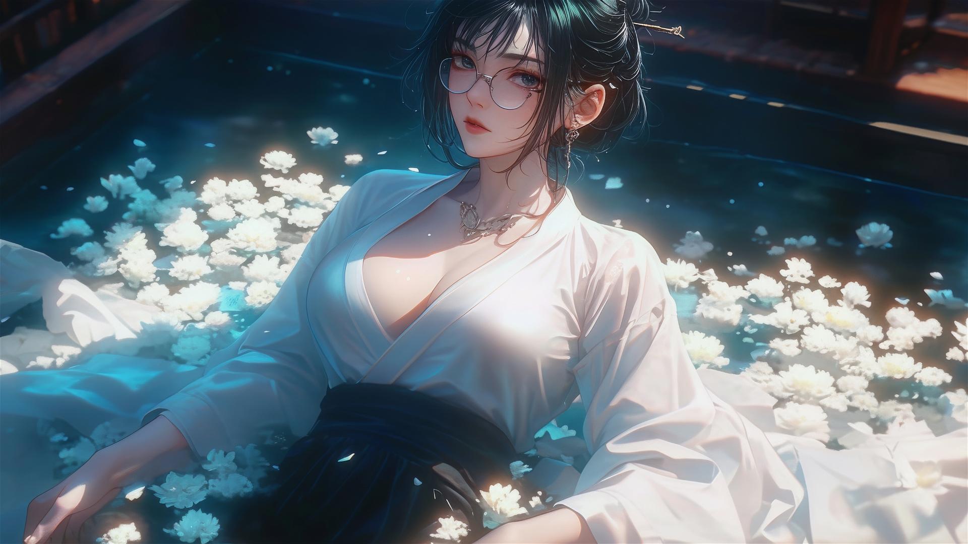 Maki Zenin from Jujutsu Kaisen in white, in tub of flowers, Chinese spa.