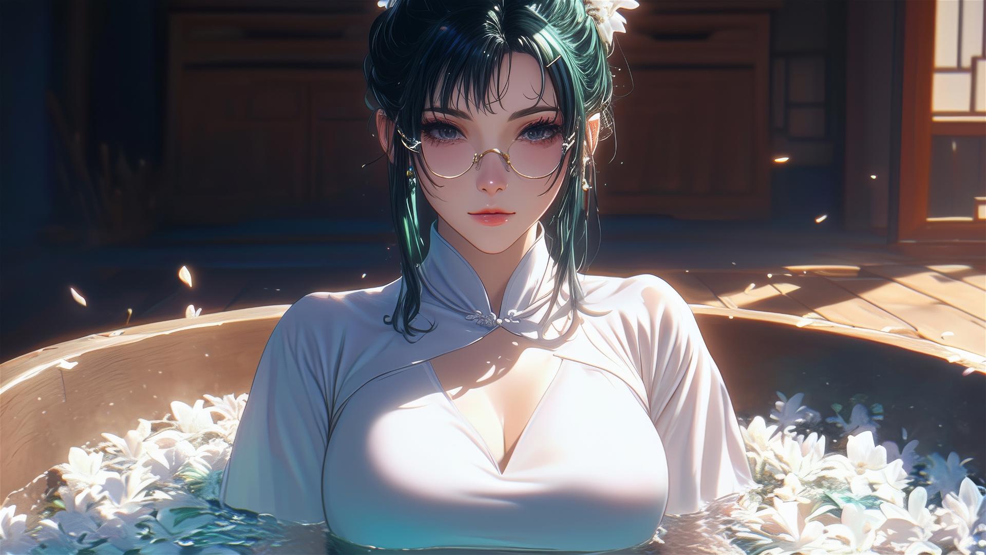 Maki Zenin in white, in tub with flowers at Chinese spa, wearing glasses