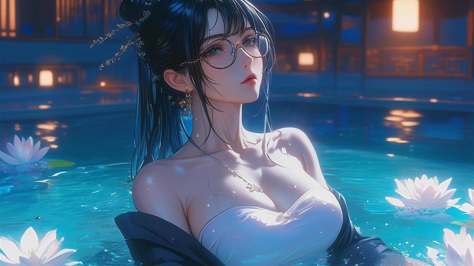 Maki Zenin from Jujutsu Kaisen in white attire inside a flower-filled tub at a Chinese spa, wearing glasses