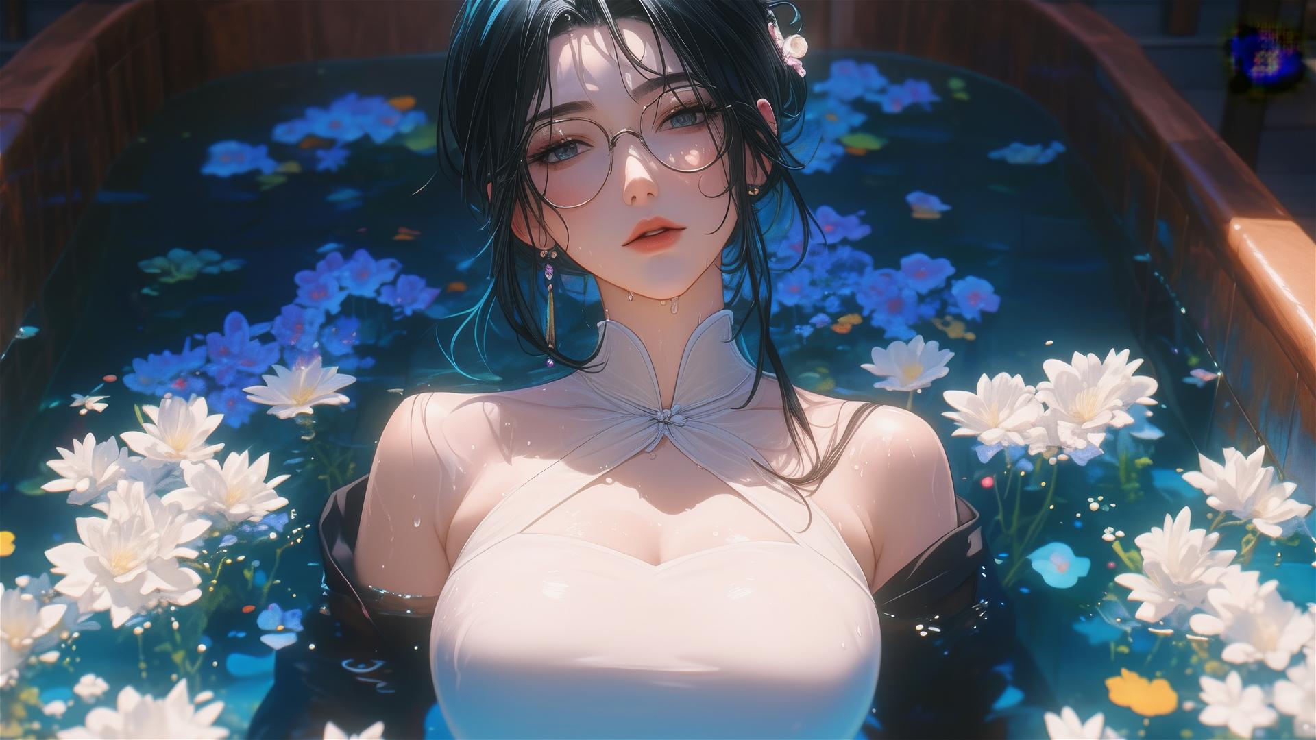 Maki Zenin from Jujutsu Kaisen in white, in a tub of flowers, with glasses at a Chinese spa
